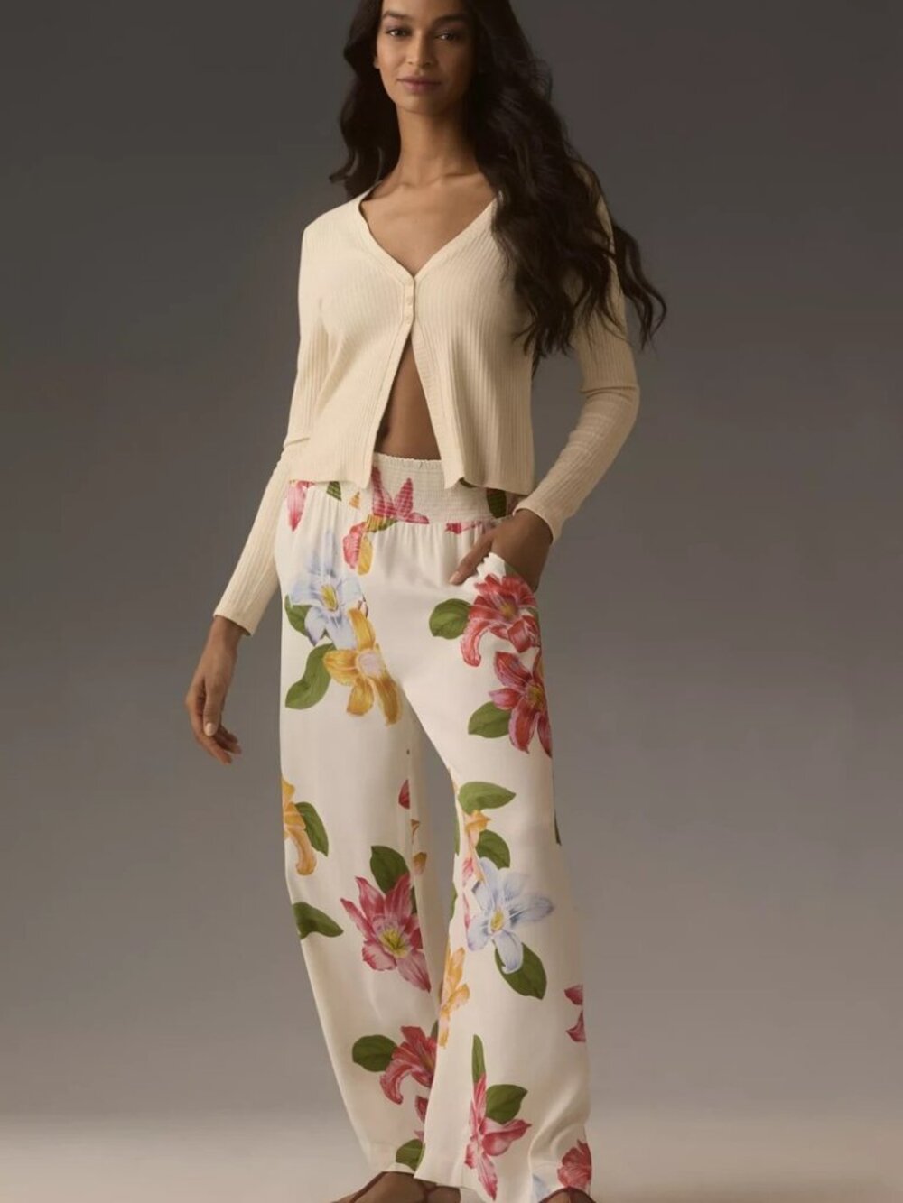 Maeve Saria Smocked Wide-Leg Pants Floral VIscose White Size Small